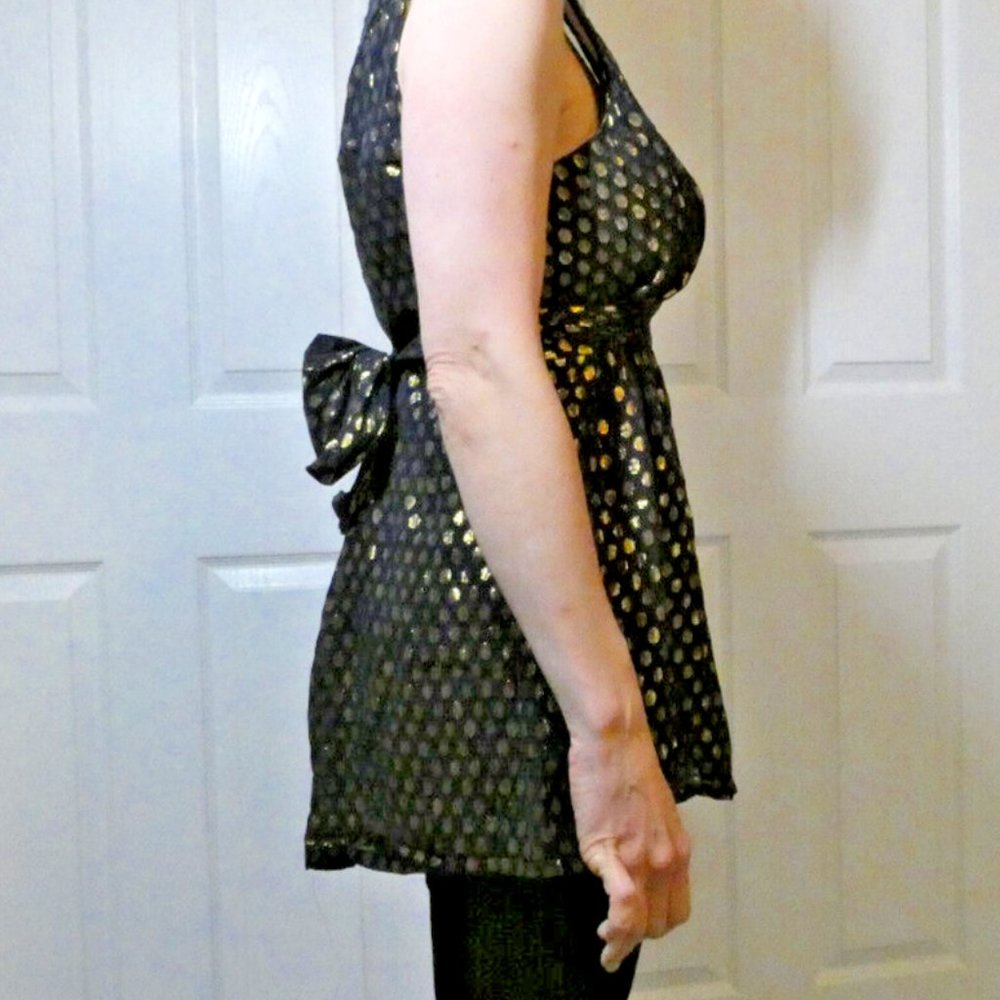 Black Silk Blouse Chiffon Layers Gold Polka dots Party Valentine Day Size M - Picture 4 of 11